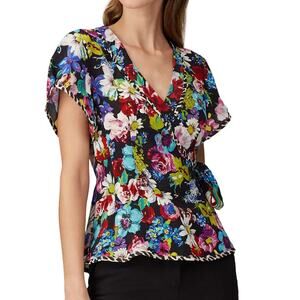 Nanette Lepore Shirt Womens 6 Black Multicolor Floral Boquet Wrap Top